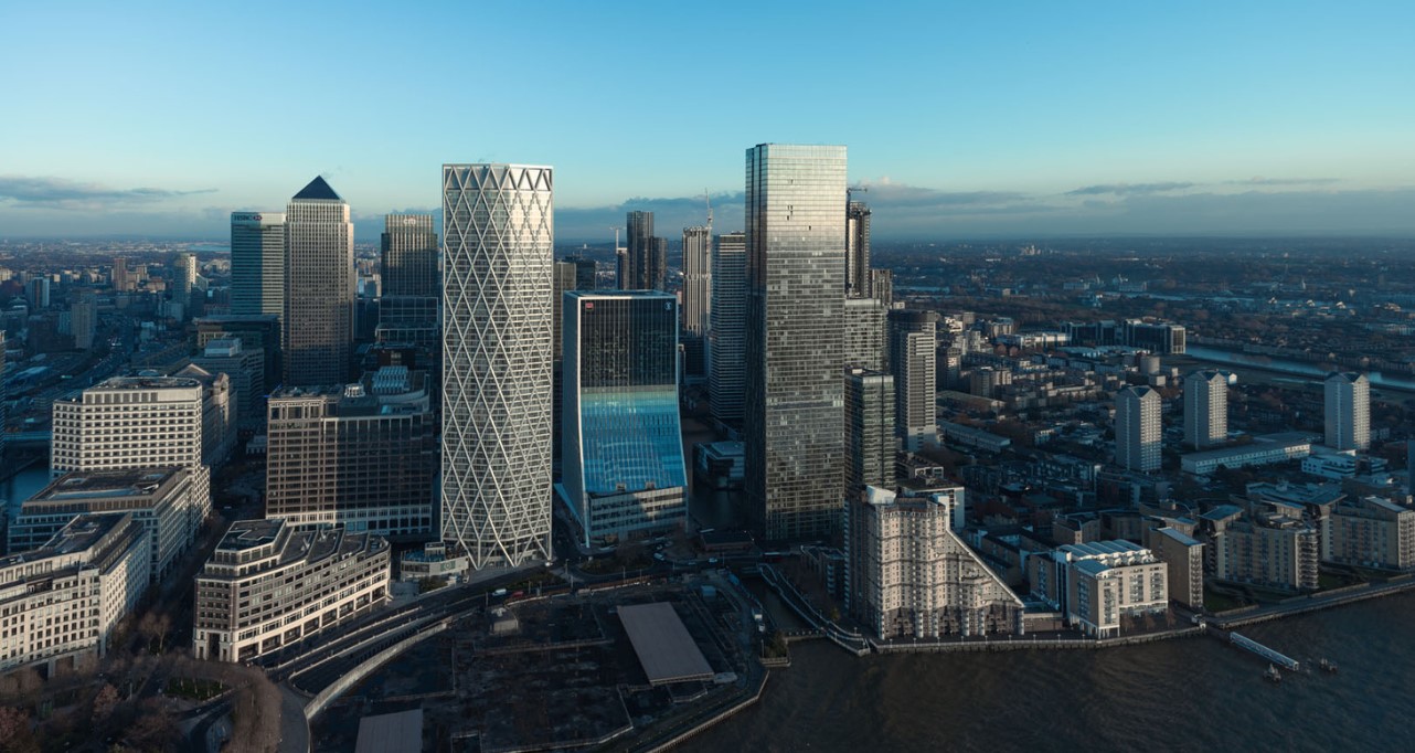 Drone shot of EBRD HQ and Canary Wharf