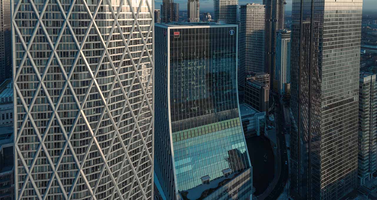 exterior shot of hi-rise office building, aerial view